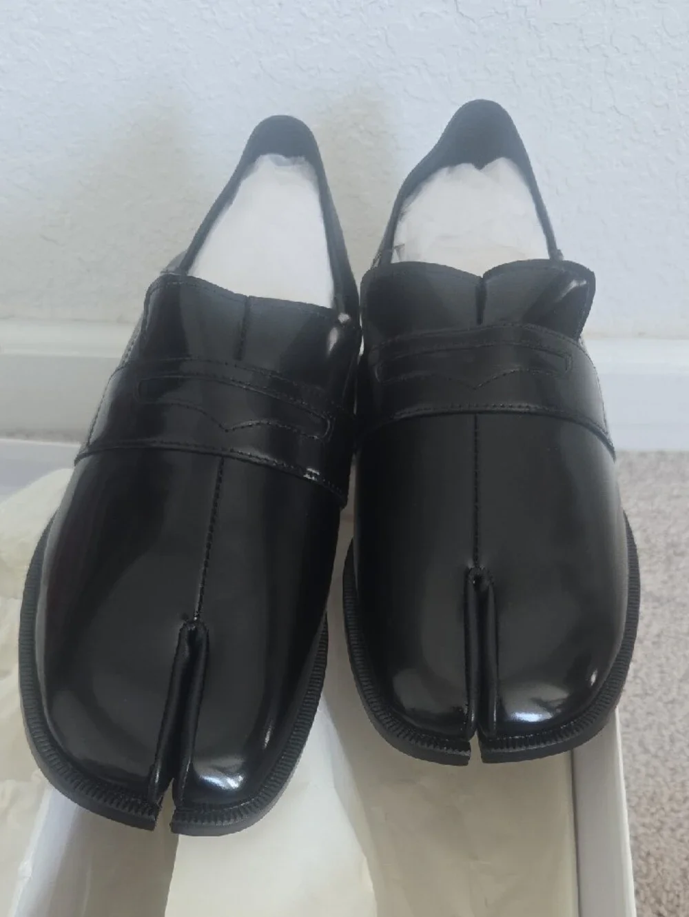 Black Fold-Heel Split-Toe Cowhide Leather Penny Tabi Loafers Size 43 Unisex